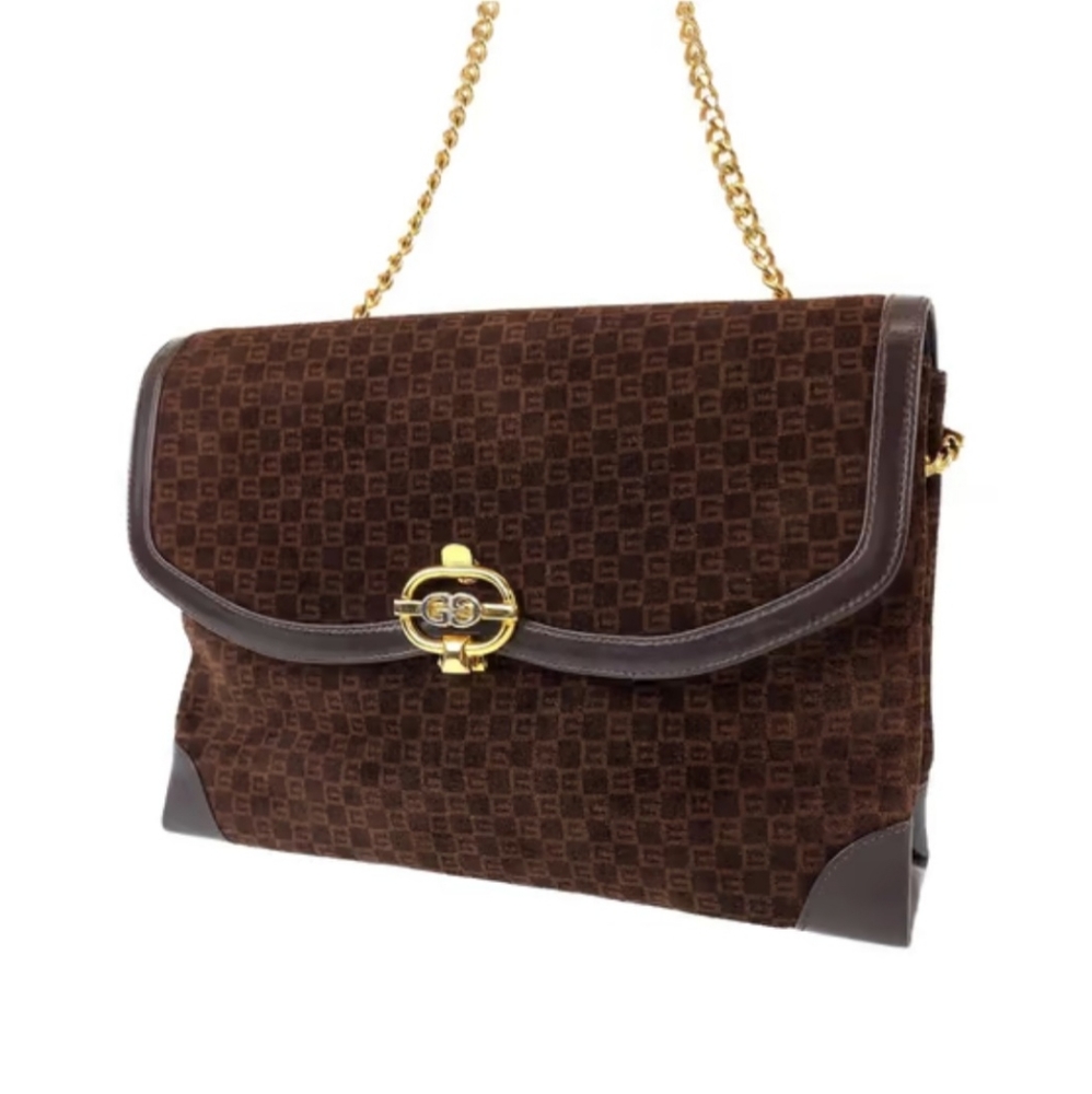 Gucci Brown leather clutch with 2 tones Chain